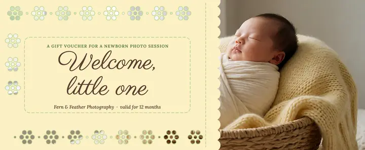Fern & Feather newborn session voucher: newborn photo session gift voucher template