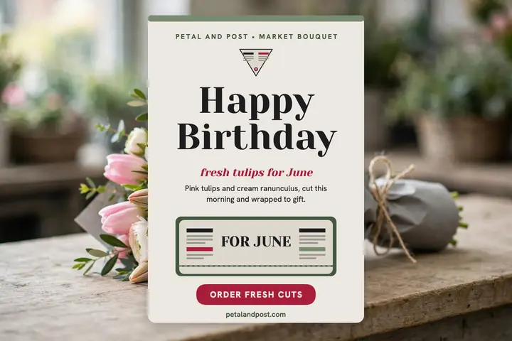 Petal and Post birthday bouquet postcard template
