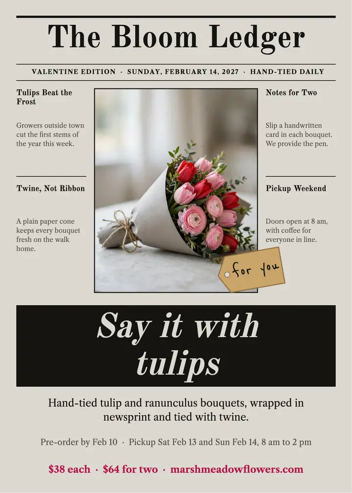 Newsprint tulip bouquet Valentine's invitation template
