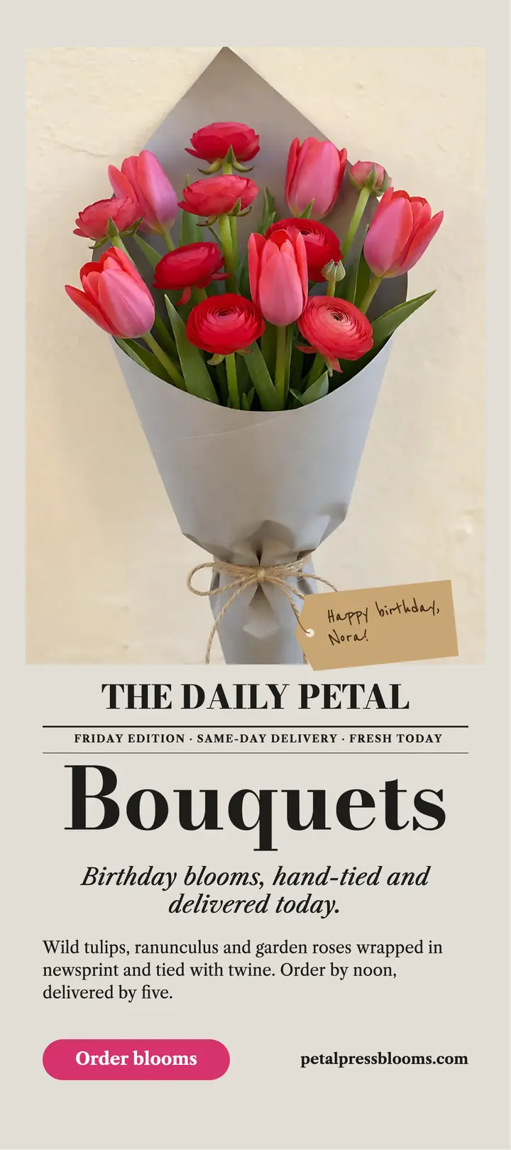 Petal Press birthday bouquet rack card template