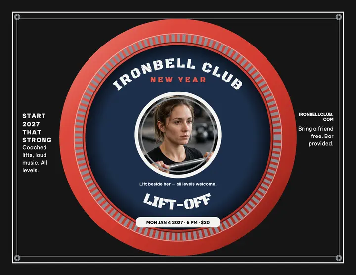Ironbell Club New Year Lift-Off plate poster template