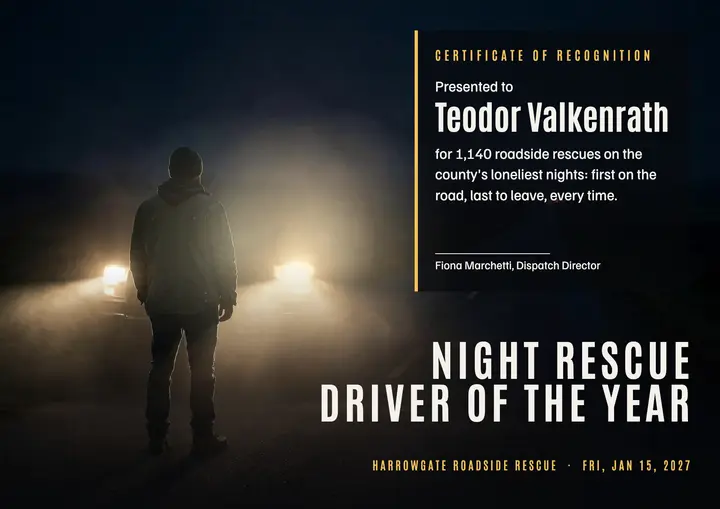 Night rescue driver award, headlight portrait: employee of the year certificate template