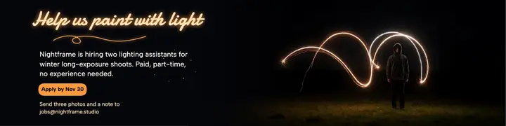 Lighting assistant hiring banner, light painting script: photography studio hiring banner template