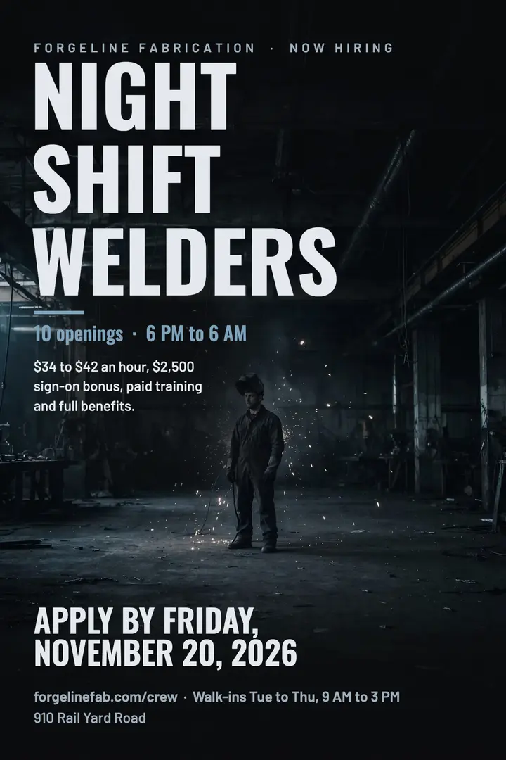Night shift welders hiring poster template