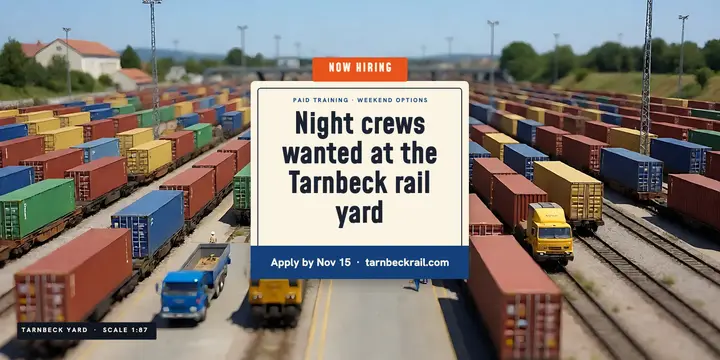 Rail yard night crew hiring X post, tilt-shift miniature template