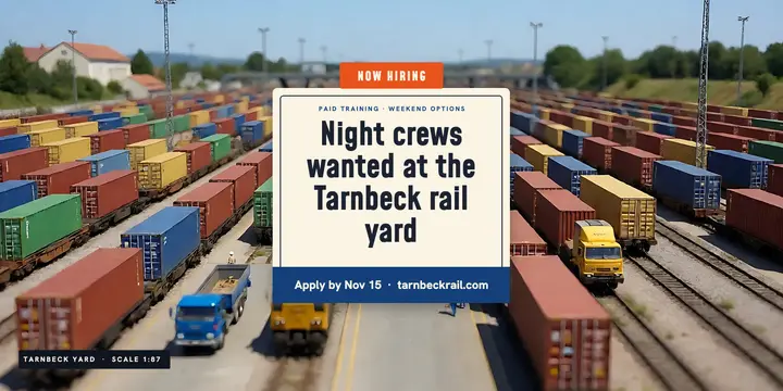 Rail yard night crew hiring X post, tilt-shift miniature template