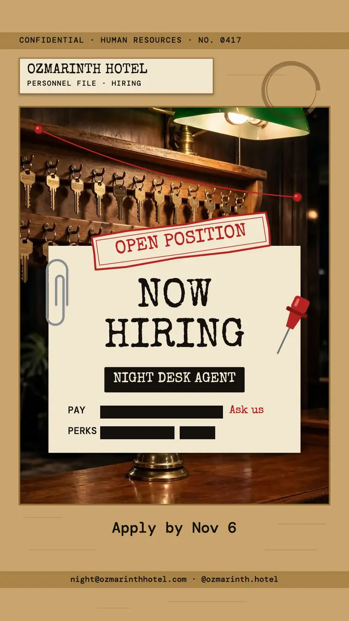 Ozmarinth Hotel night desk hiring story, case file template