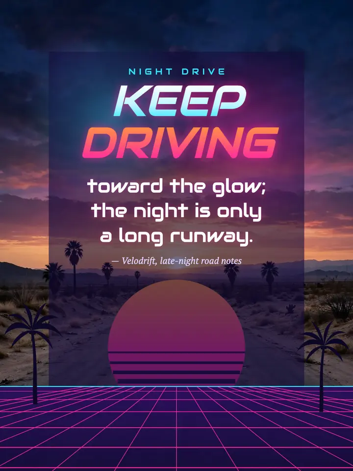 Night drive quote card, synthwave outrun: night drive quote card template