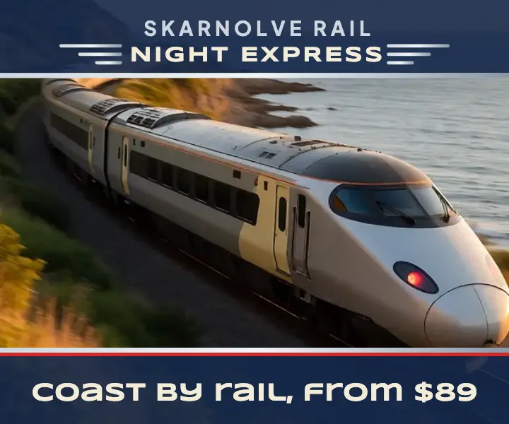 Night Express coastal rail ad, streamline moderne template