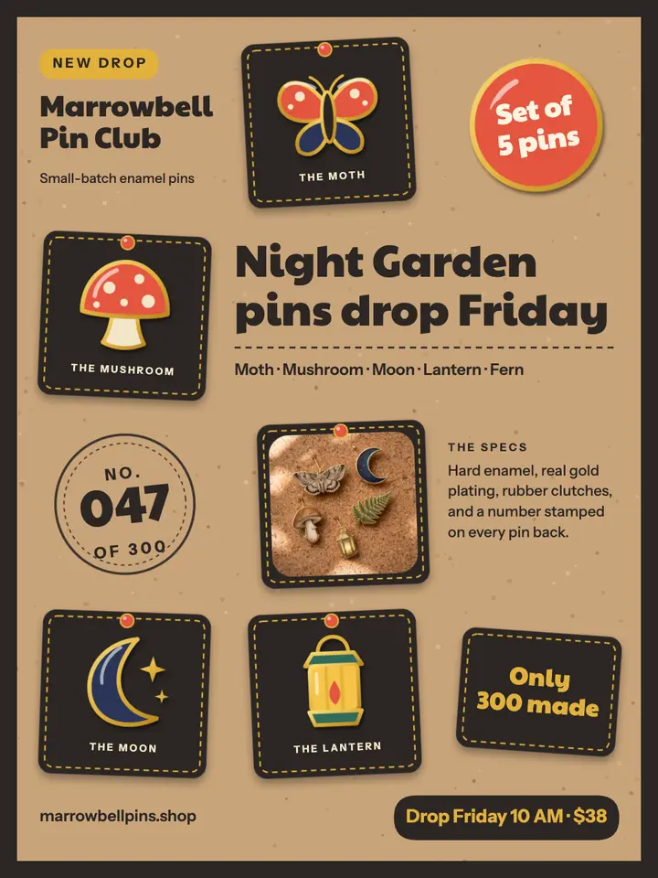 Night Garden enamel pin set drop post template