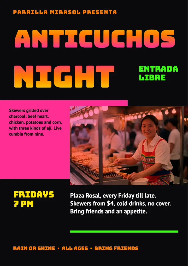 Anticuchos night street grill flyer, chicha poster template
