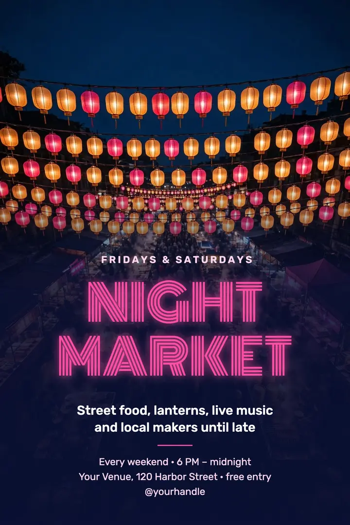 Neon night market poster template