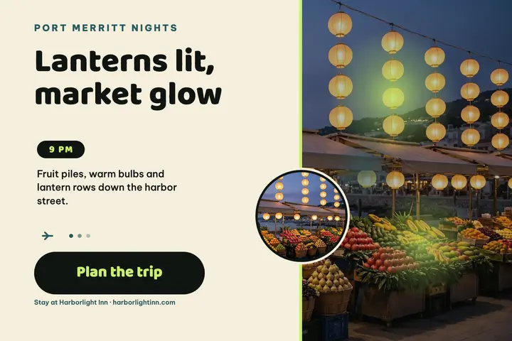Port Merritt night market getaway postcard template