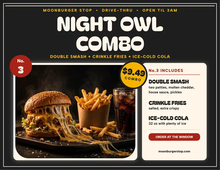 Moonburger Stop Night Owl combo flyer template