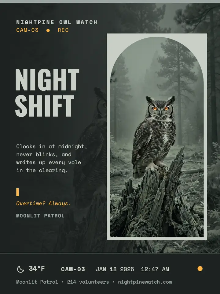 Nightpine owl midnight patrol portrait: owl night cam post template
