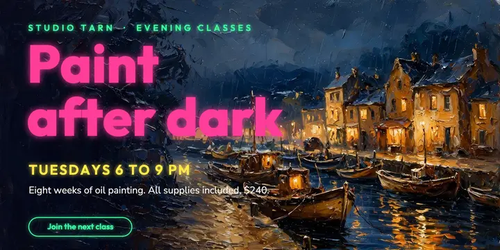 Studio Tarn evening oil painting class post, neon over oil template