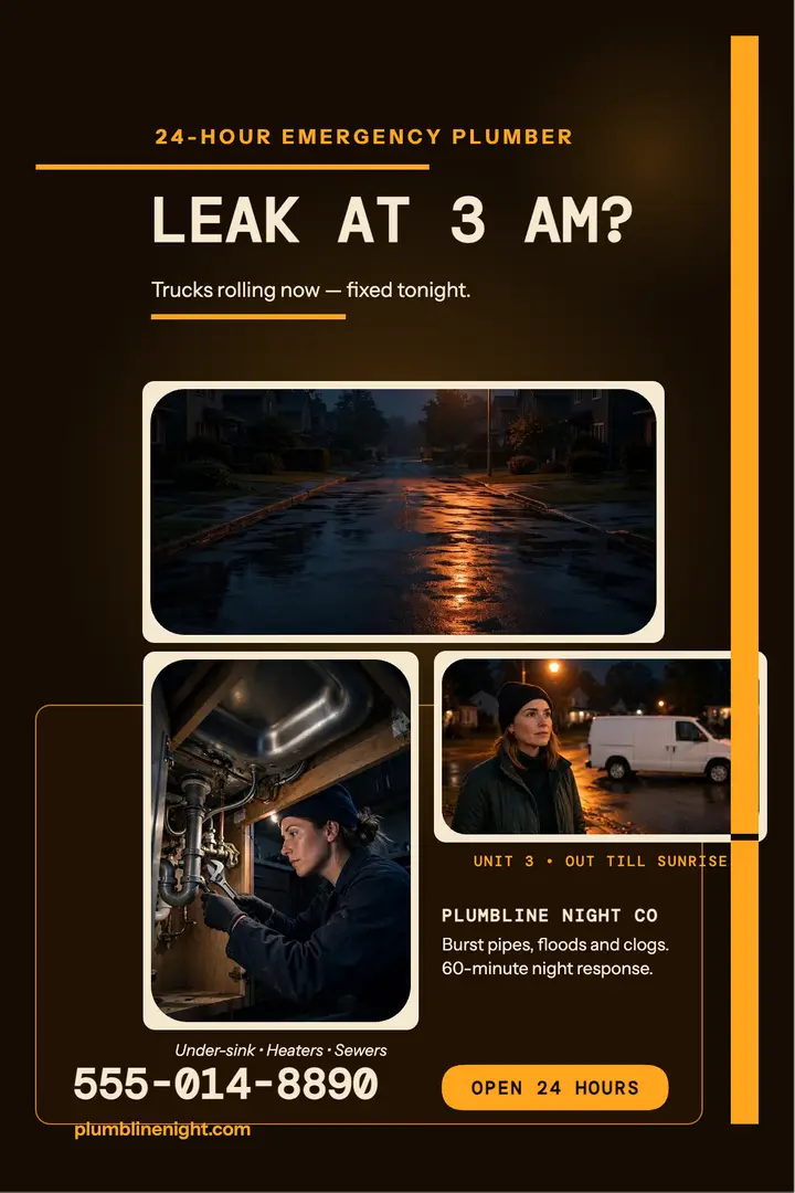 Plumbline Night Co emergency poster: emergency plumber poster template