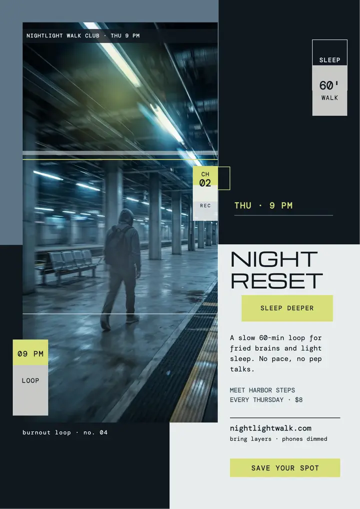 Nightlight Walk Club night reset flyer: wellness walk flyer template