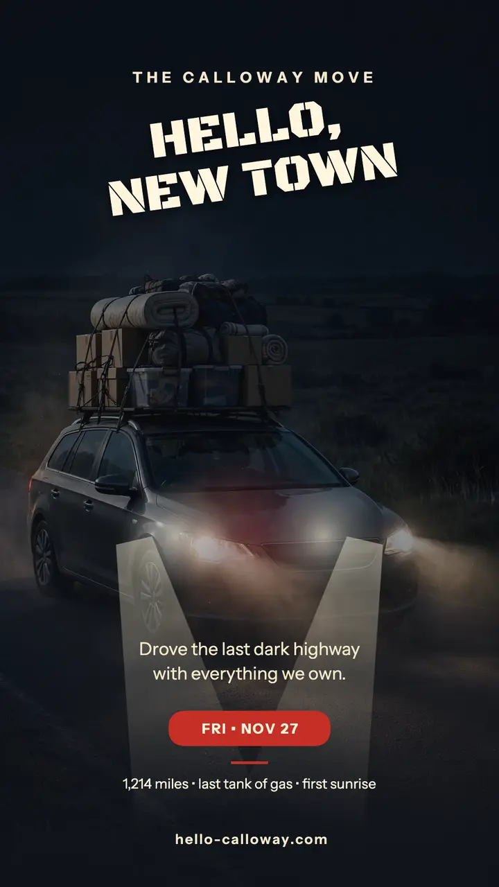 Calloway night move to new town story: moving announcement story template