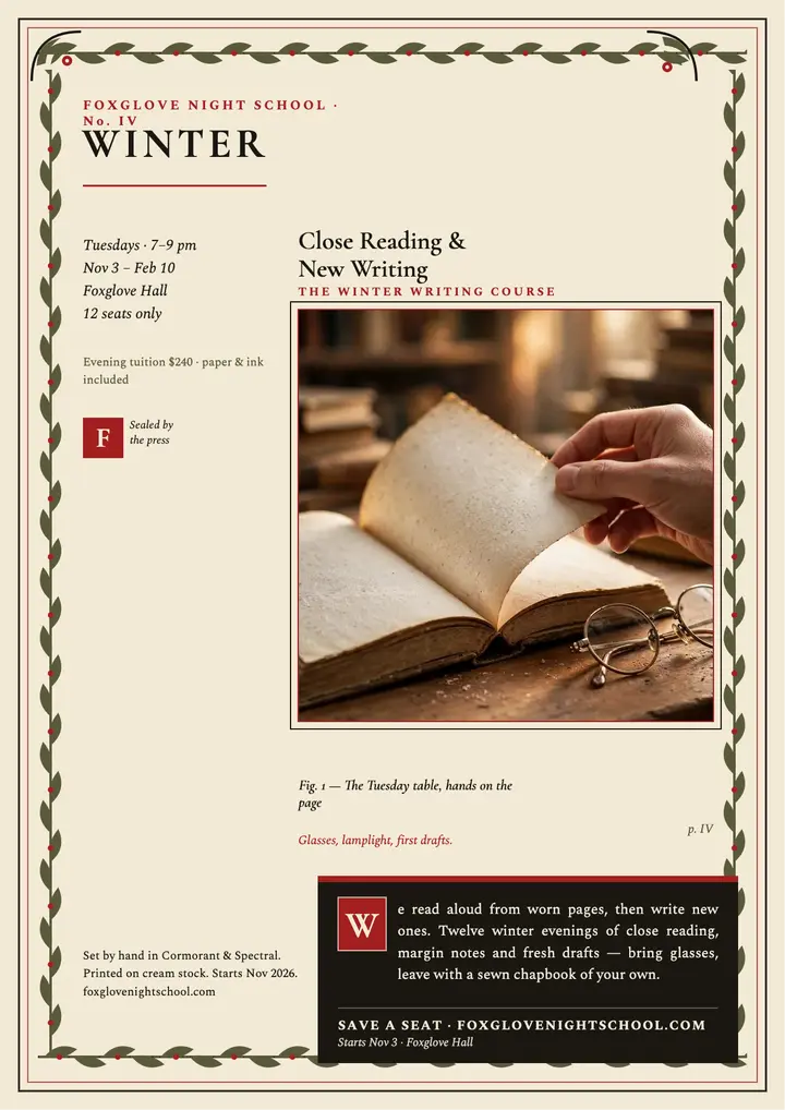 Foxglove Winter Writing press page: night school flyer template