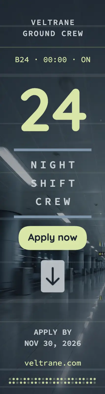 Veltrane overnight ground crew hiring skyscraper ad template