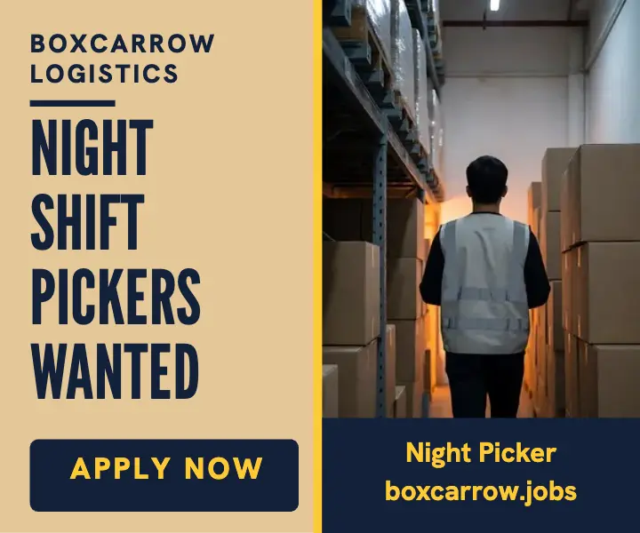 Boxcarrow night shift picker hiring ad: warehouse hiring ad template
