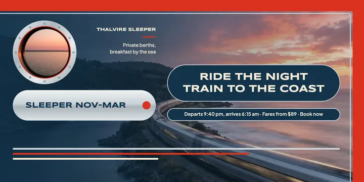 Thalvire sleeper train to the coast, streamline moderne post: sleeper train travel post template