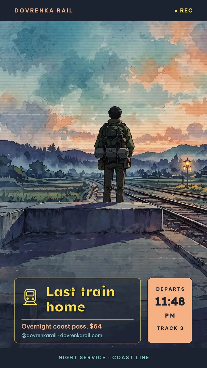 Night train rail pass story, 90s anime cel template