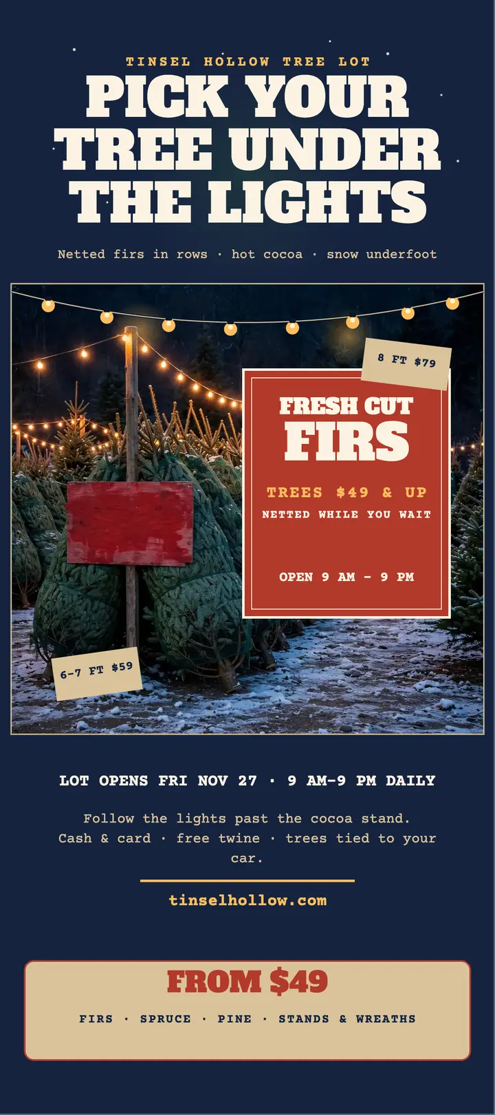 Tinsel Hollow night tree lot rack card template