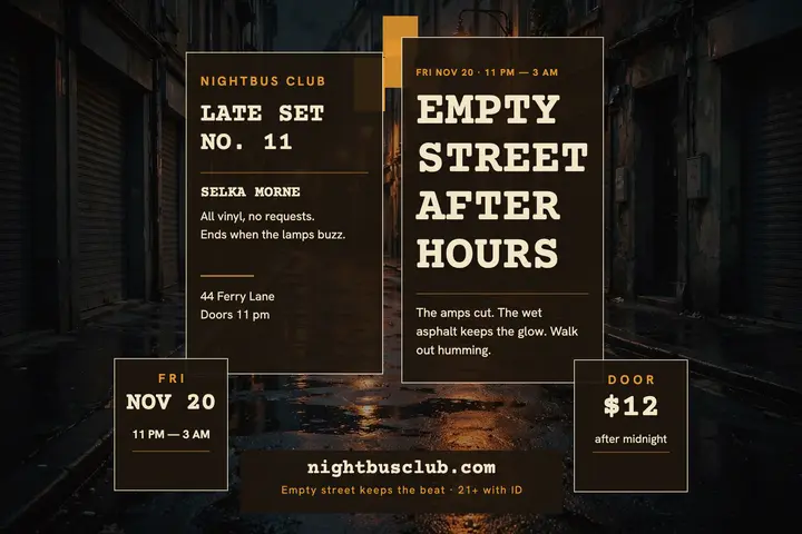 Nightbus late DJ set amber postcard template