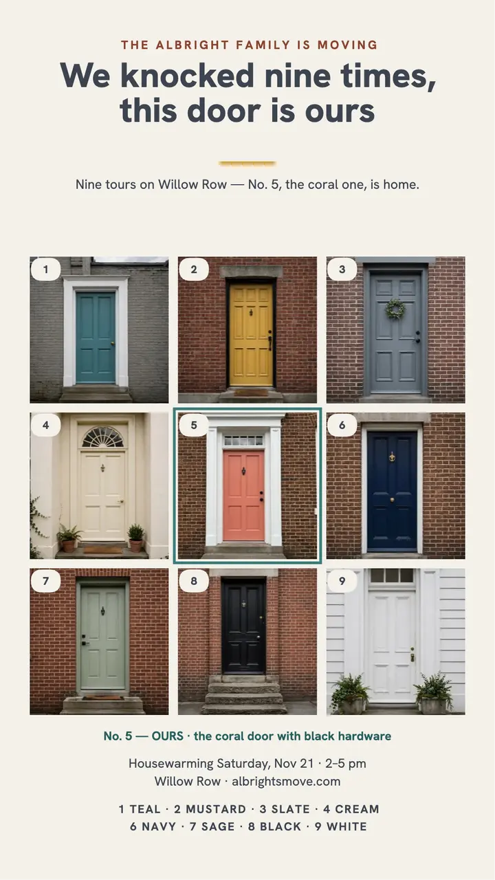 Nine doors moving story, Albright family template