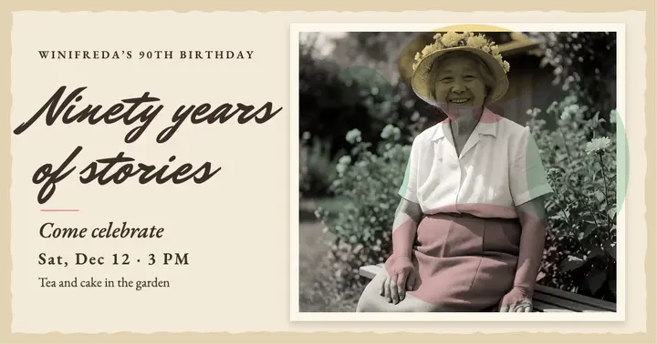 Winifreda's 90th birthday hand-tinted photo invitation: 90th birthday invitation post template