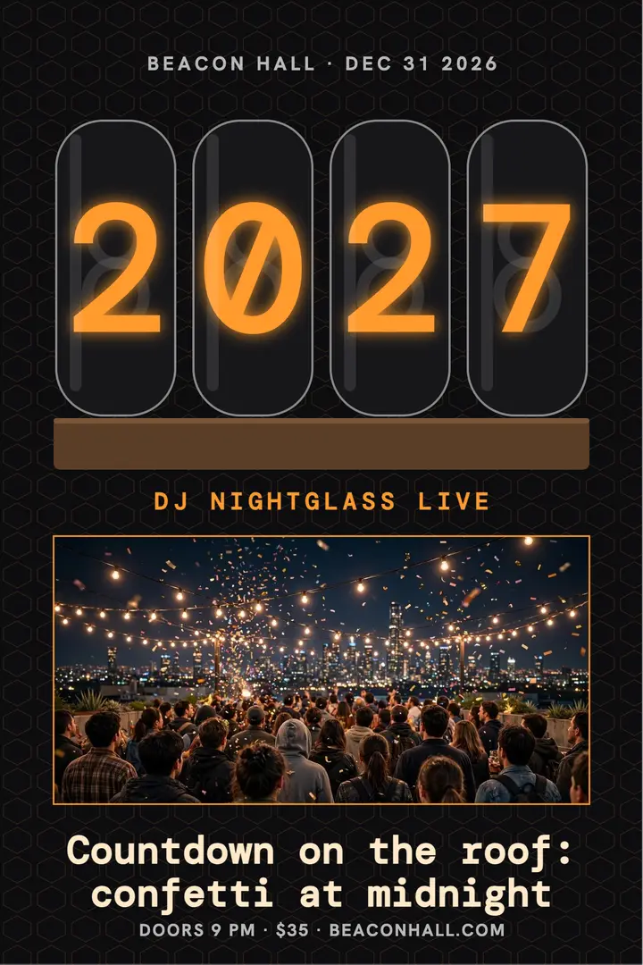 Beacon Hall New Year countdown poster: new year party poster template