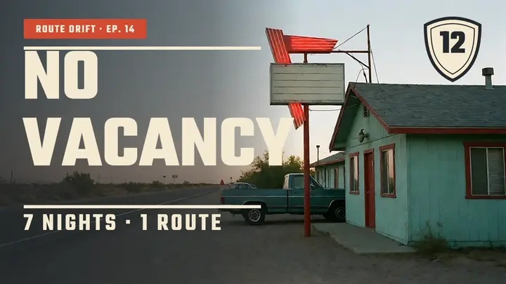 No Vacancy road trip YouTube thumbnail, roadside Americana template