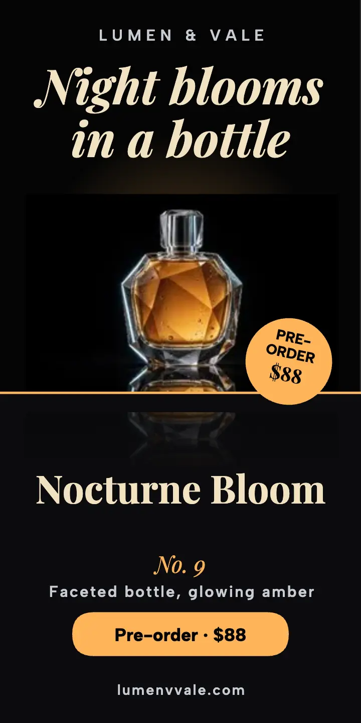 Nocturne Bloom perfume launch half page ad: perfume launch ad template