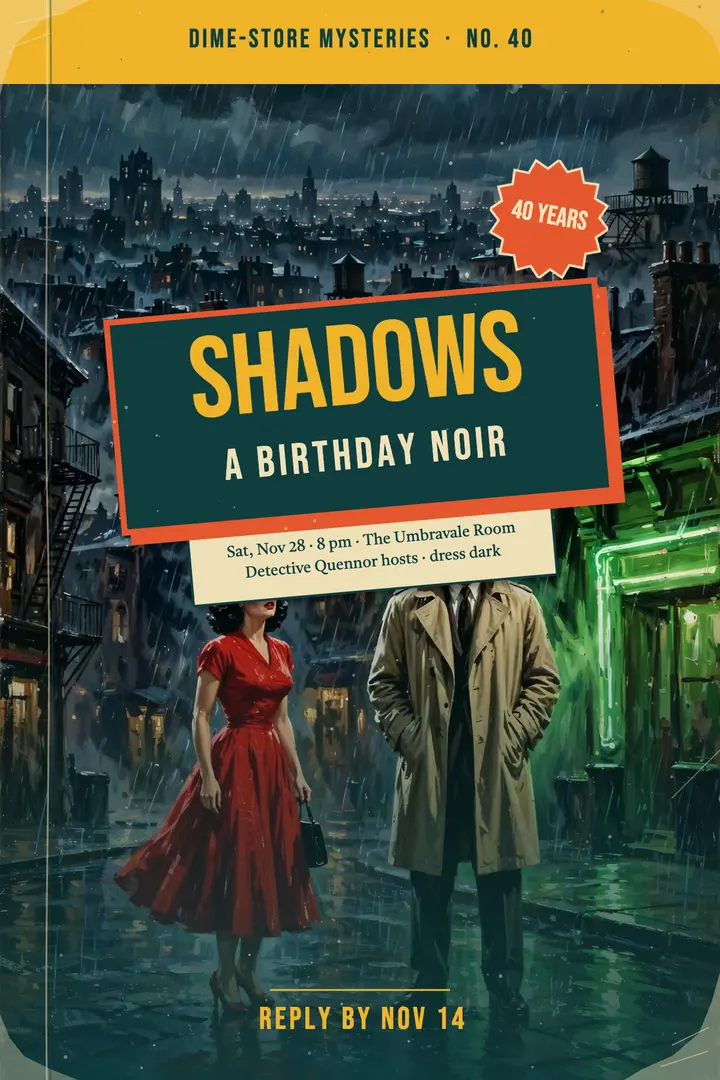 Shadows 40th birthday murder mystery invitation, pulp paperback template