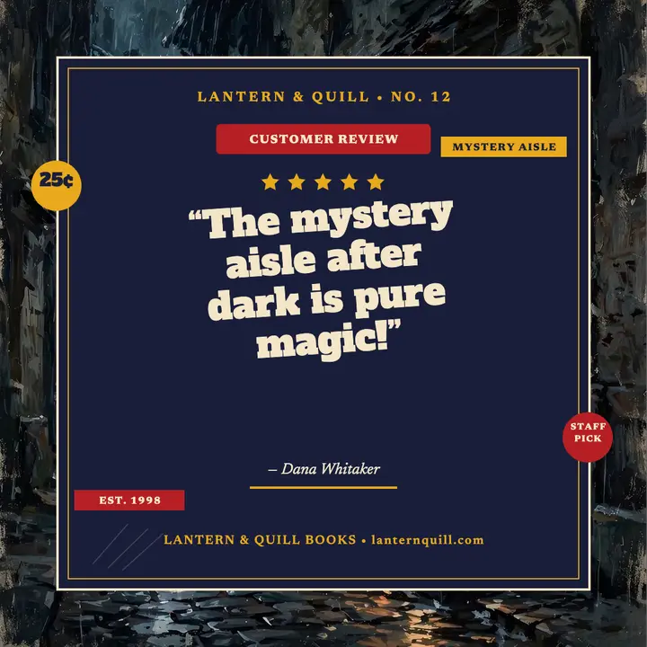 Lantern and Quill bookstore review pulp card template