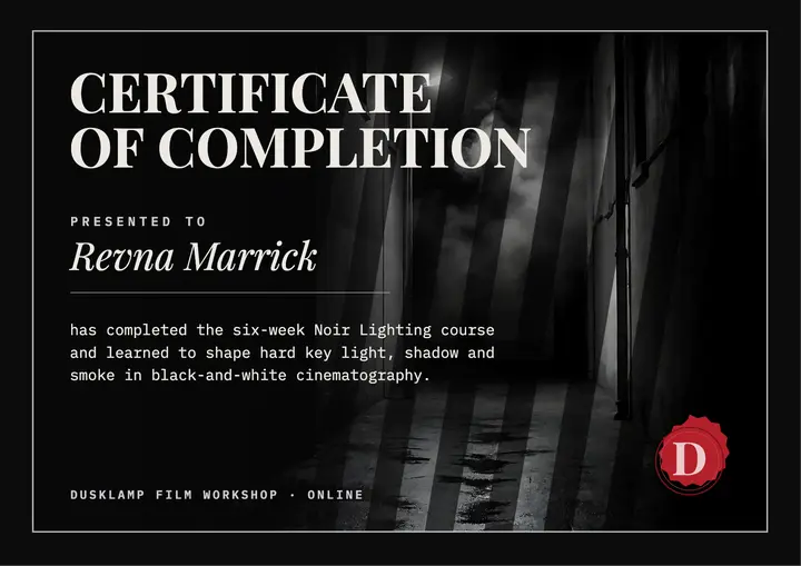 Dusklamp noir lighting course certificate template