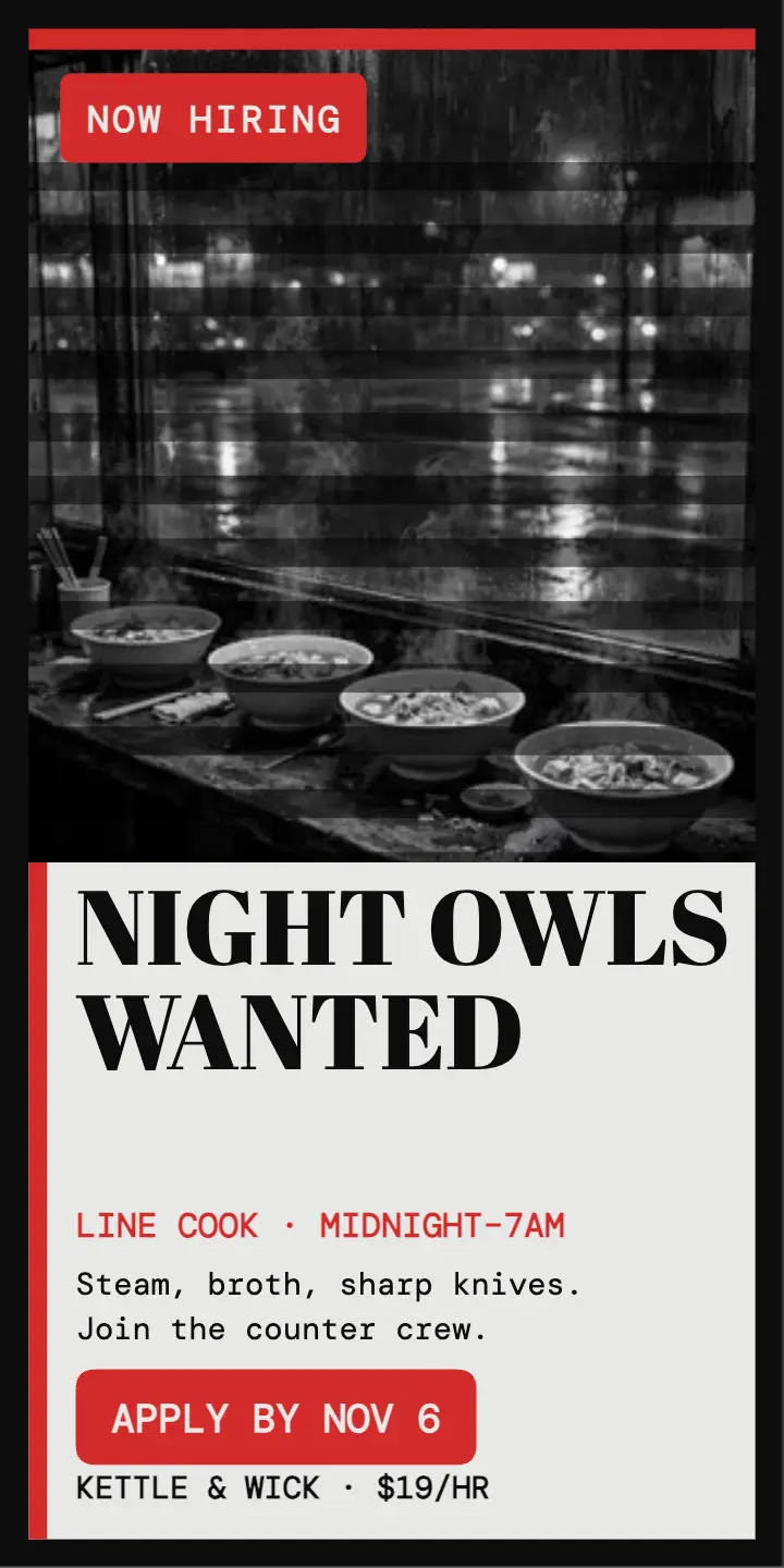 Kettle and Wick night owls hiring ad: noodle bar hiring ad template