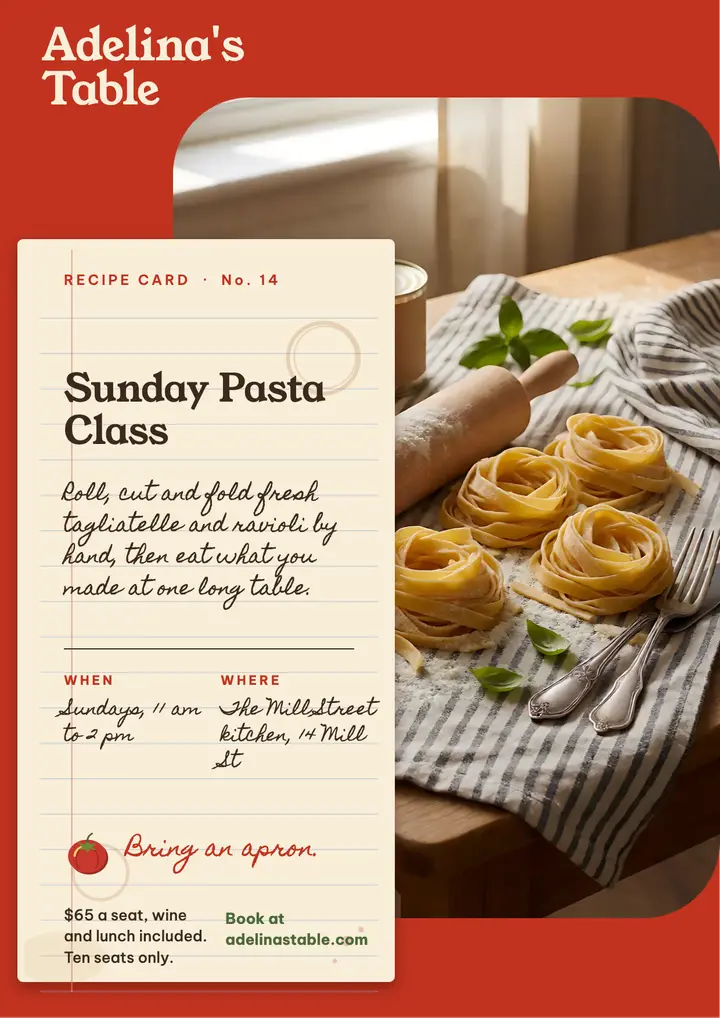 Adelina's Table pasta class recipe card flyer template