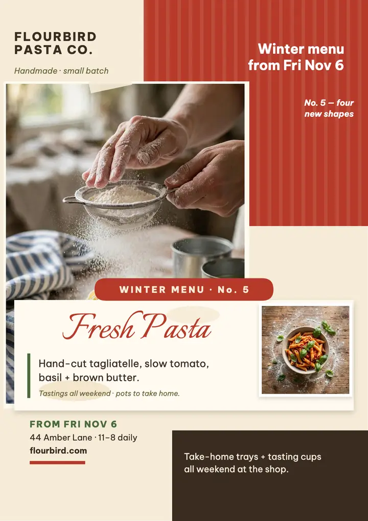 Flourbird winter pasta menu flyer template