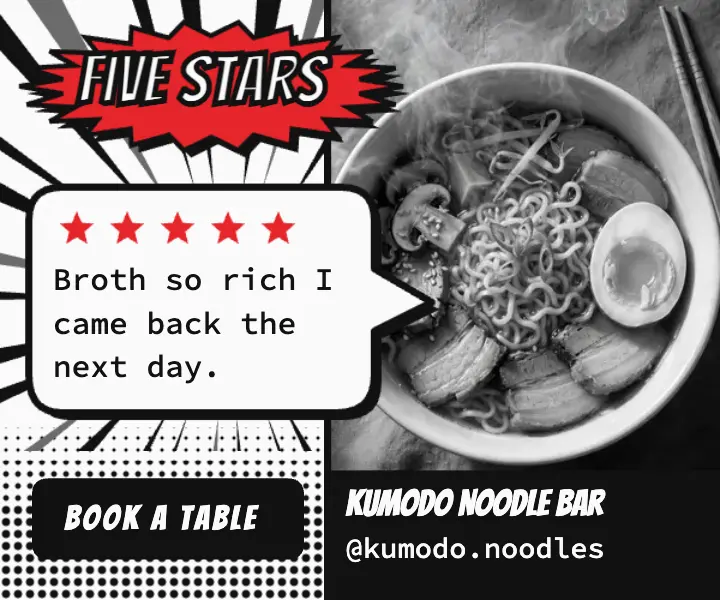 Kumodo Noodle Bar five-star review ad template