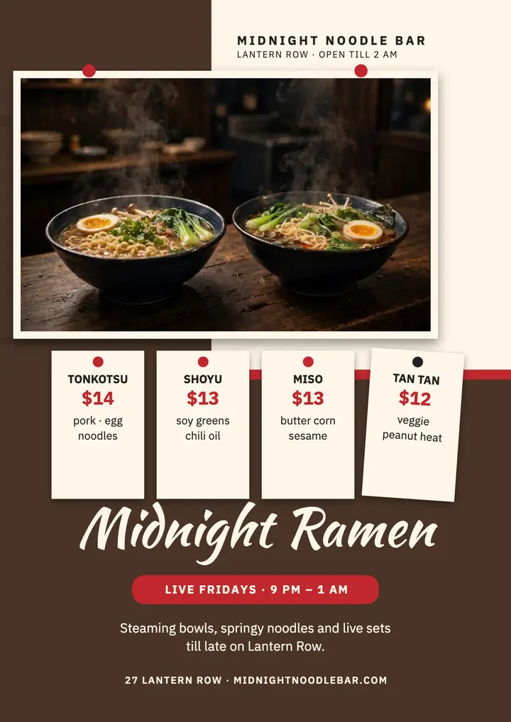 Midnight Noodle Bar live Fridays flyer template