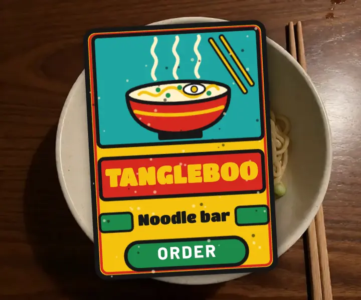 Tangleboo noodle bar delivery ad, matchbox label template