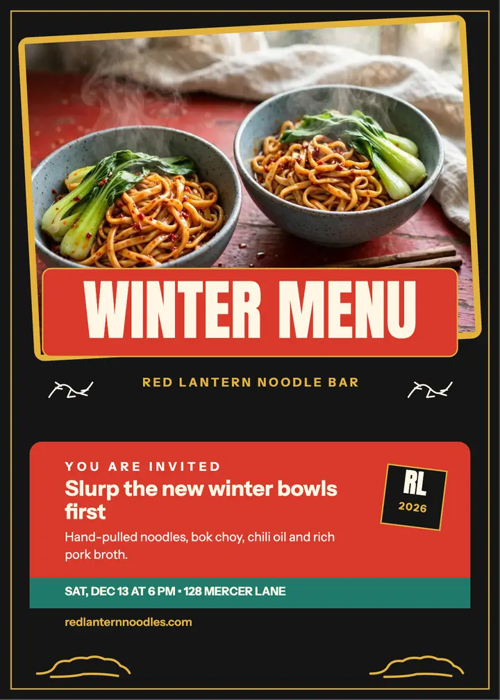 Red Lantern Noodle Bar winter menu invitation template