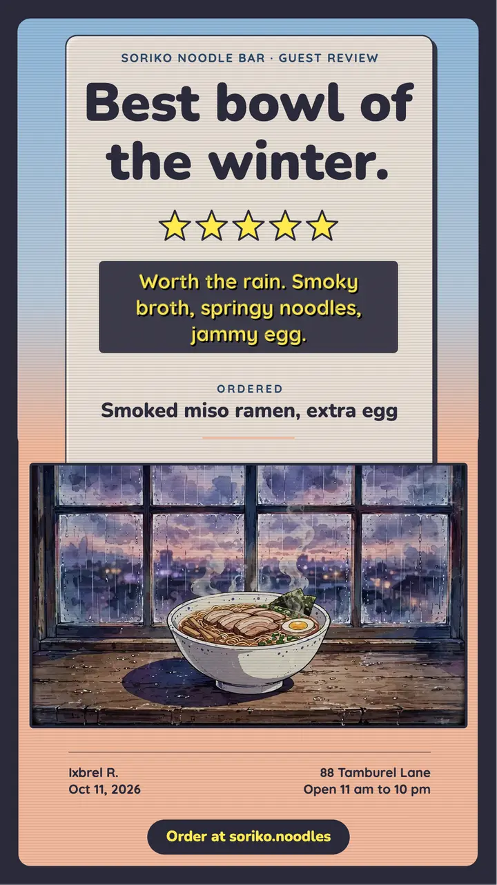 Soriko Noodle Bar five-star review story template