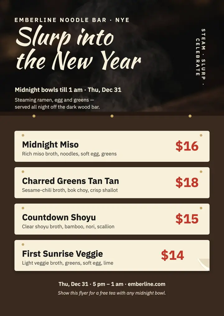 Emberline NYE midnight bowls strip menu template