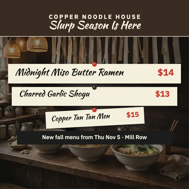 Copper Noodle House fall strip menu template