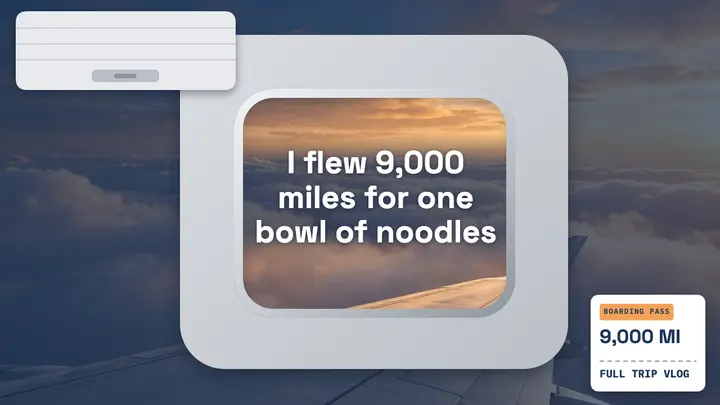 Noodle flight travel vlog thumbnail, plane window template