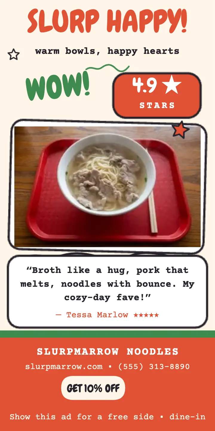 Slurpmarrow Noodles customer review ad template